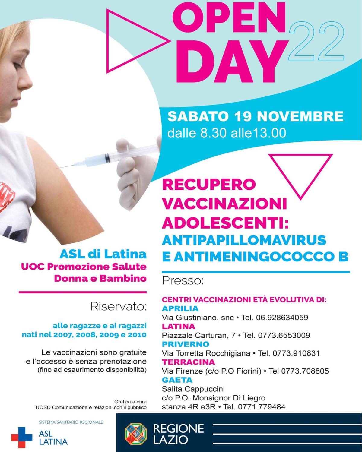 Open Day della Asl di Latina il 19 Novembre dedicato al recupero delle vaccinazioni HPV e Meningococco B negli adolescenti. - 