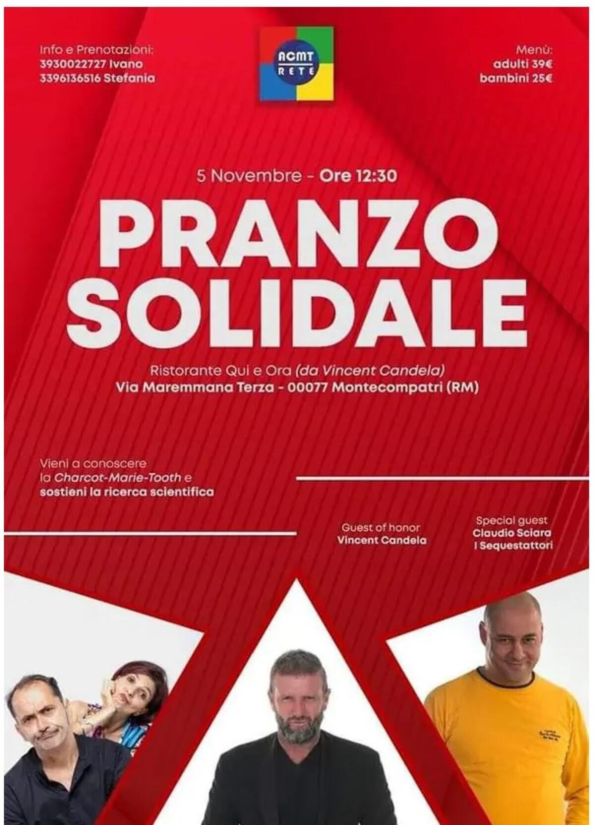 Solidarietà a tavola questo sabato 5 novembre. Appuntamento per il pranzo a Montecompatri - 