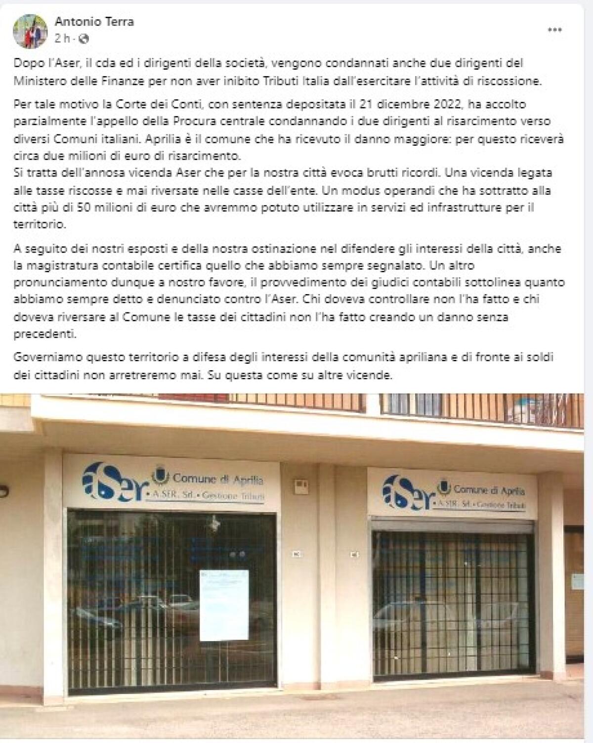 Aser, condannati due dirigenti del Ministero delle Finanze. Aprilia sarà risarcita - 