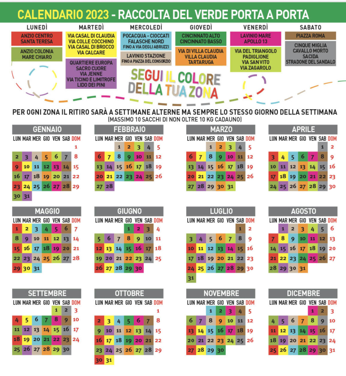"Segui il colore della tua zona": il calendario 2023 ad Anzio per la raccolta porta a porta del verde e delle potature - 
