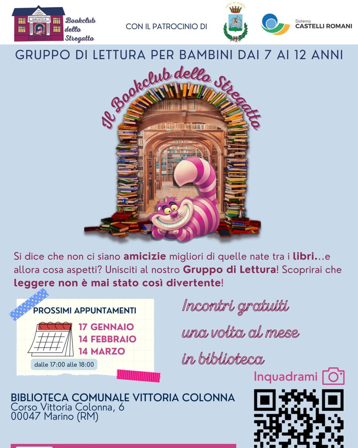 Alla Biblioteca Comunale di Marino prosegue sino a Marzo la rassegna “Il Bookclub dello Stregatto”. - 