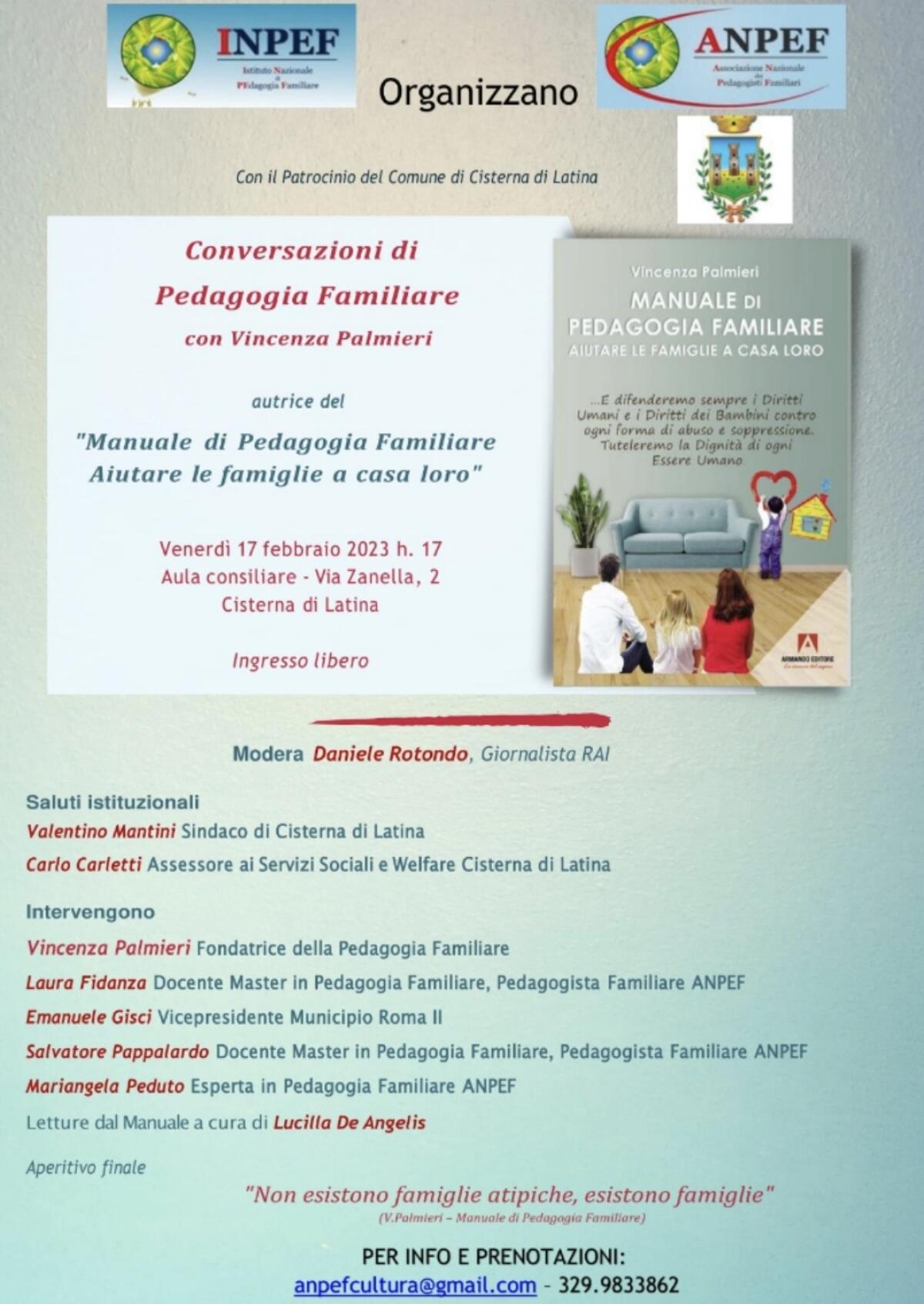 “Conversazioni di pedagogia familiare”: incontro oggi in Aula Consiliare a Cisterna. - 