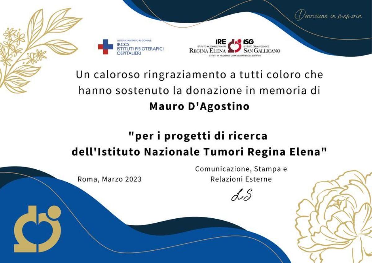 Aprilia - Donati 1.800 euro per la ricerca all'Ifo Regina Elena in memoria di Mauretto, la famiglia: "Grazie di cuore" - 