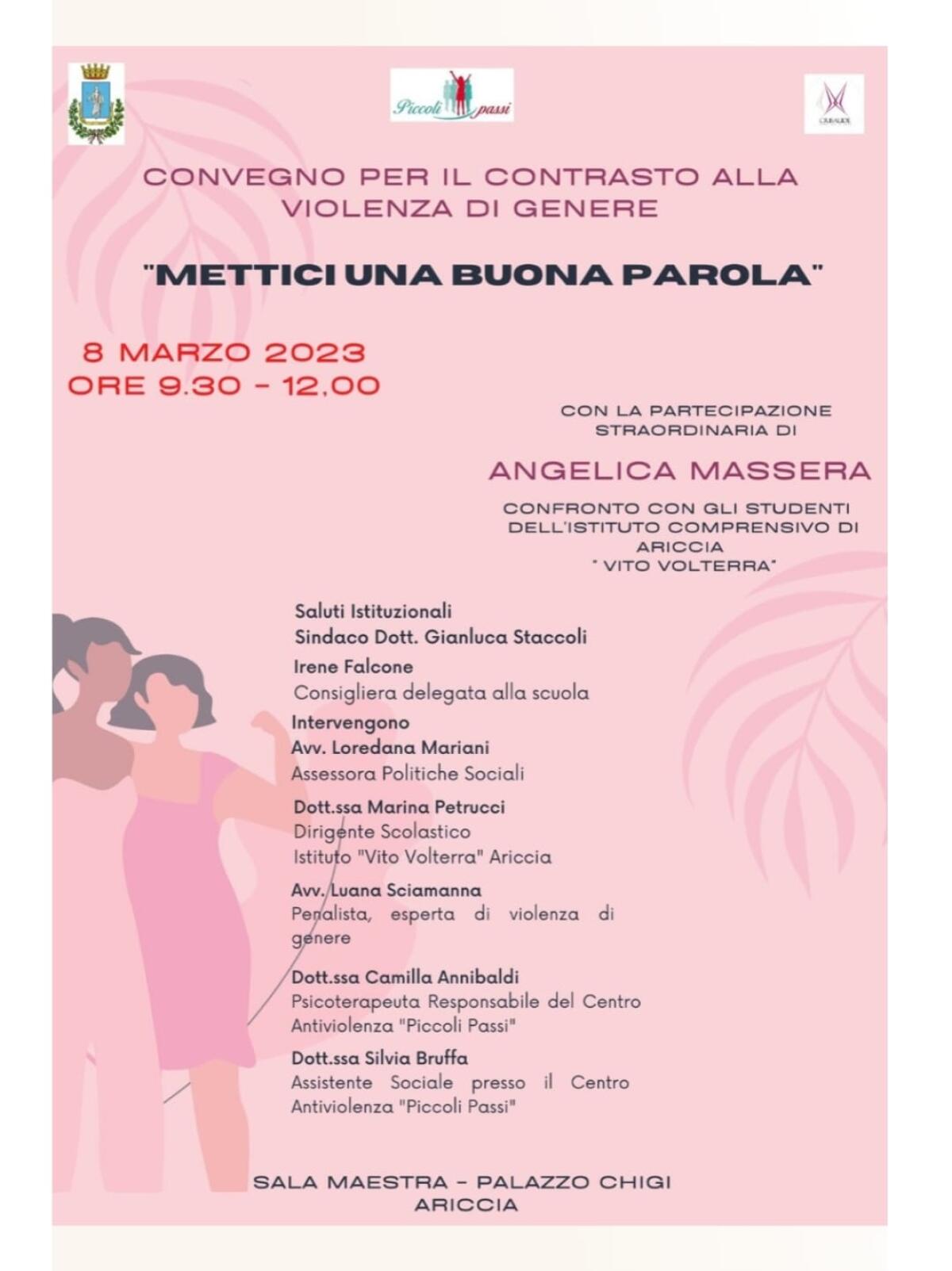 8 Marzo, a Palazzo Chigi ad Ariccia il convegno “Mettici una buona parola”. Ospite Angelica Massera. - 