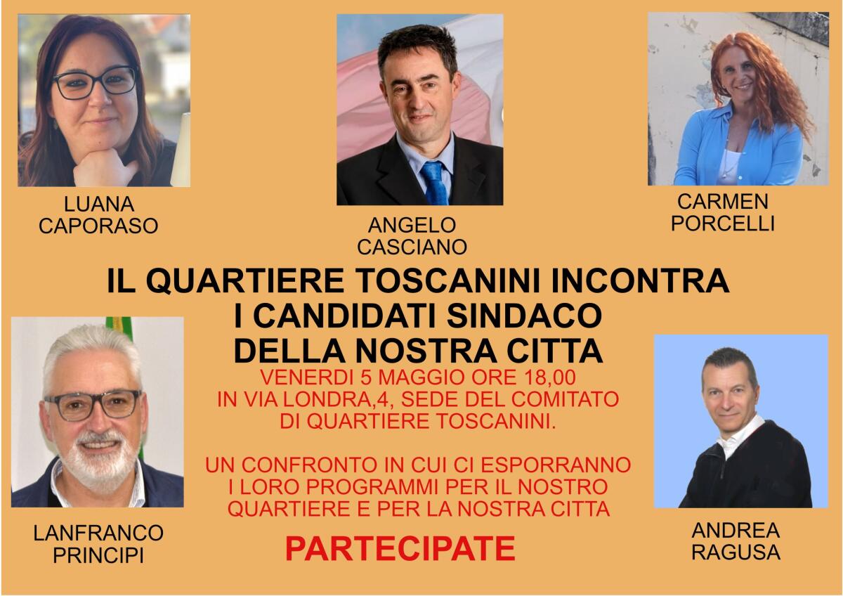 I cinque candidati a sindaco di Aprilia a confronto al Quartiere Toscanini. Appuntamento al 5 Maggio. - 