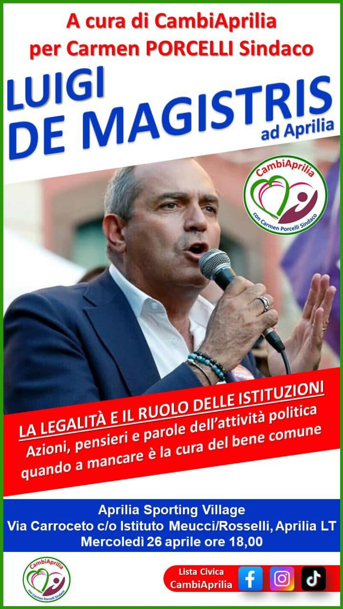 L’ex magistrato Luigi De Magistris ad Aprilia a sostegno della candidatura a sindaco di Carmen Porcelli di “CambiAprilia”. - 