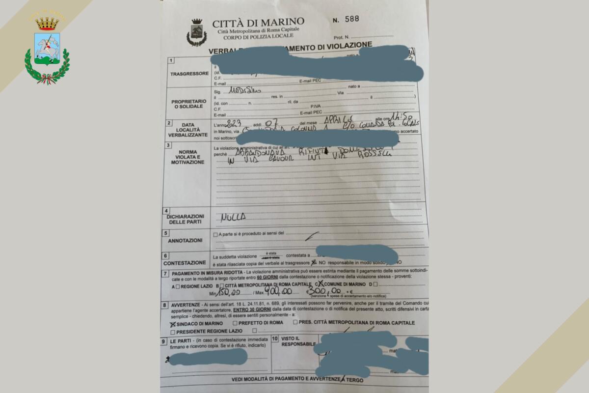 Sorpreso ad abbandonare rifiuti in pieno centro, cittadino di Marino multato dalla Polizia Locale. - 