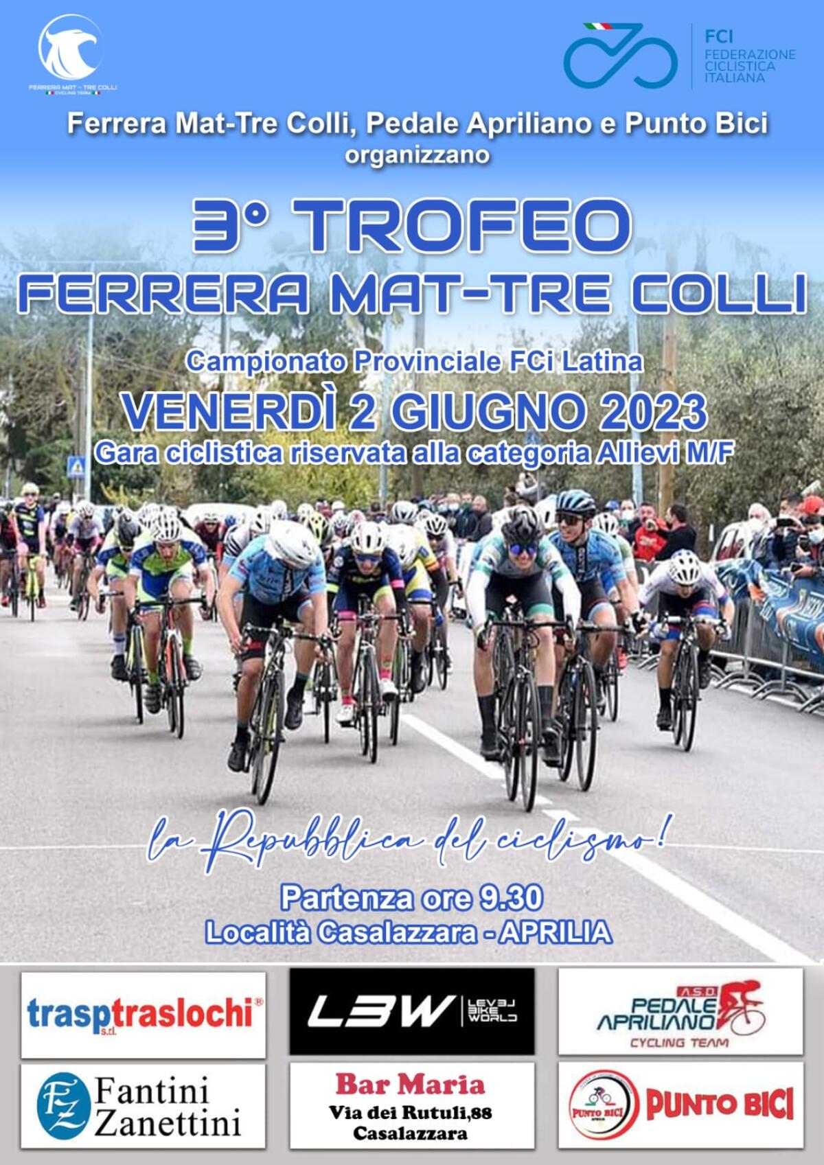 Ciclismo, questo venerdì 2 Giugno a Casalazzara, ad Aprilia, il terzo Trofeo Ferrera Mat-Tre Colli. - 