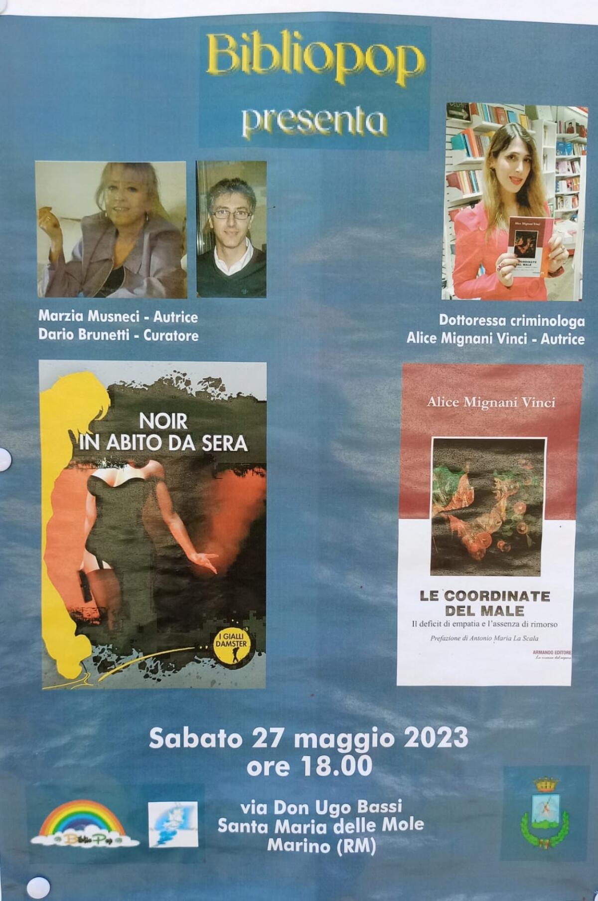 “Giallo al femminile”: sabato 27 maggio a Bibliopop, a Marino, la presentazione di due libri. - 