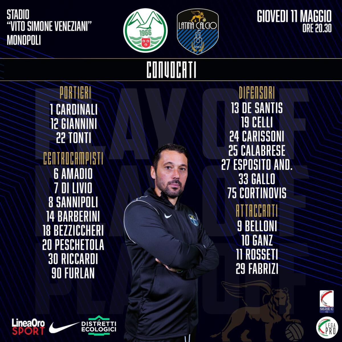 Calcio di serie C, primo turno fase Playoff: stasera al “Domenico Veneziani” va in scena la gara Monopoli-Latina. - 