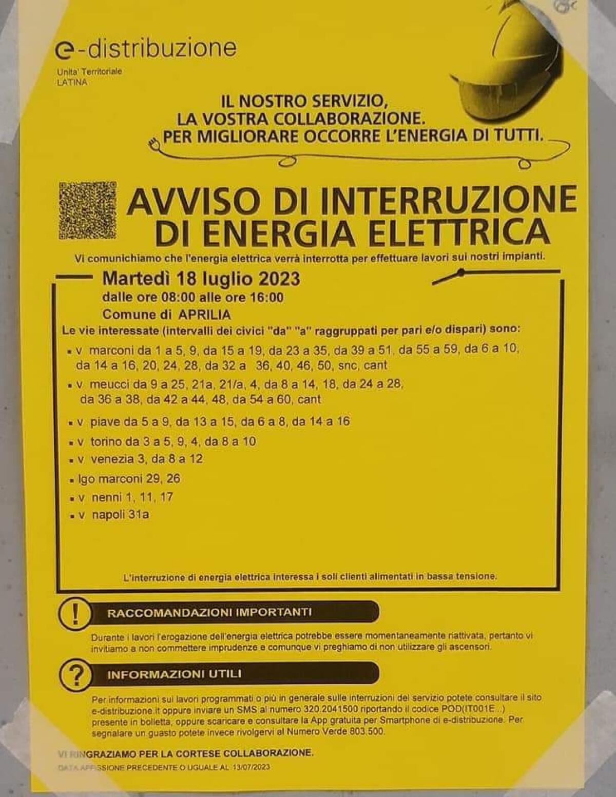Il martedì nero di Aprilia. In alcune zone mancherà anche l'energia elettrica - 