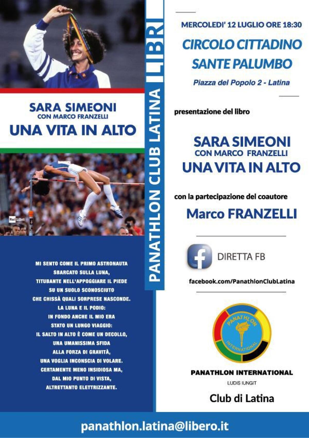 Il Panathlon Club Latina oggi presenta il libro “Una vita in alto” scritto dall’atleta olimpica Sara Simeoni. - 