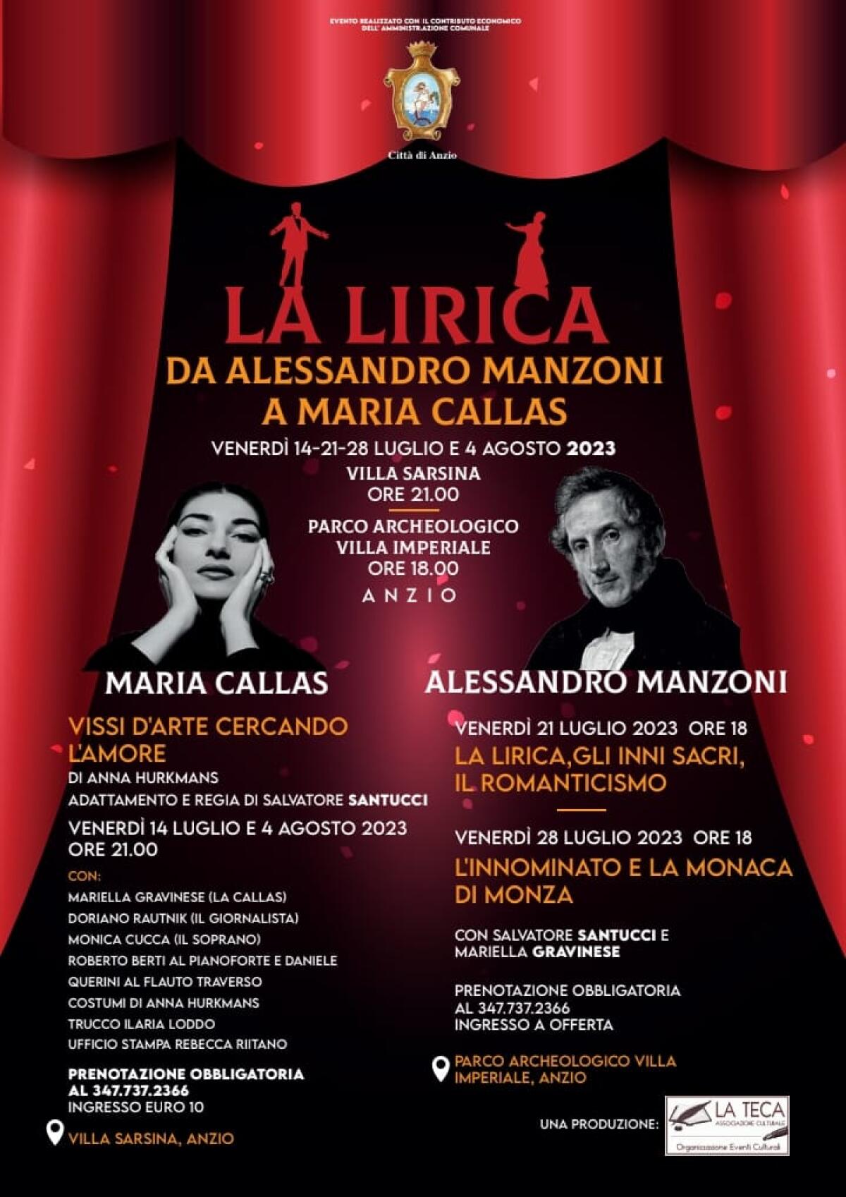 Questa sera a Villa Sarsina, ad Anzio, in scena la prima de “Maria Callas: Vissi d'arte cercando l’amore” dell’associazione La Teca. - 