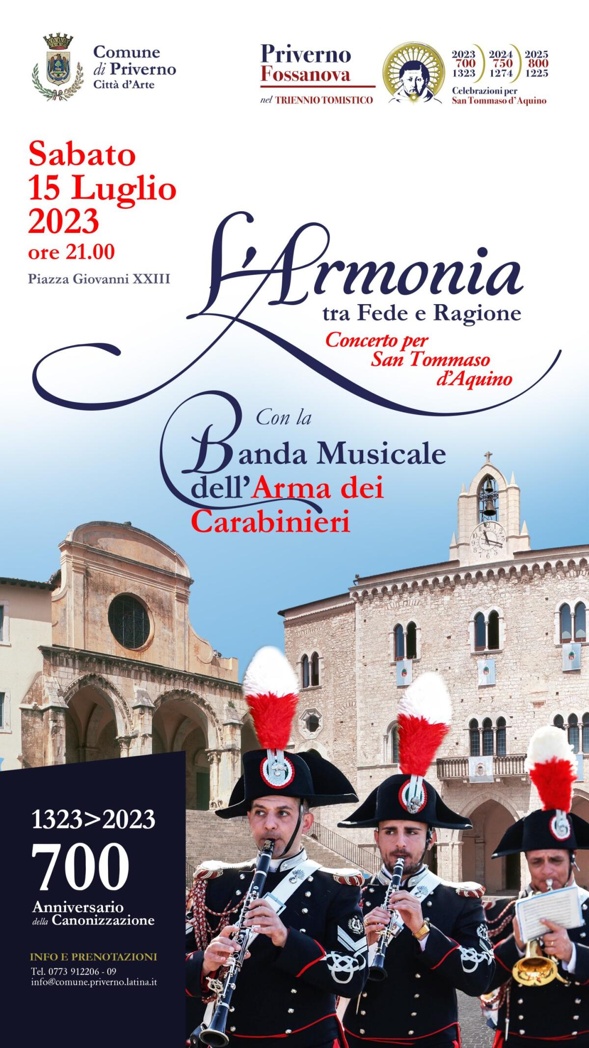 Priverno - Questa sera, sabato 15 luglio, la Banda dei Carabinieri dà il via alle celebrazioni  per i 700 anni dalla Canonizzazione di San Tommaso D’Aquino - 