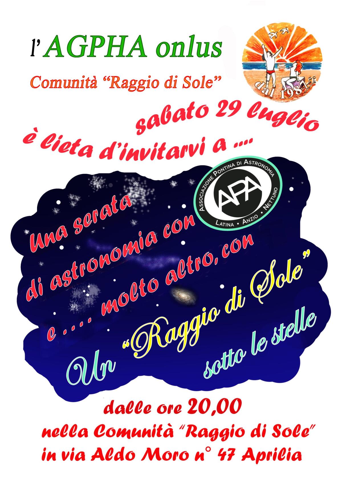 "Un Raggio di Sole sotto le Stelle": questa sera ad Aprilia l'evento organizzato dalle associazioni Apa ed Agpha. - 