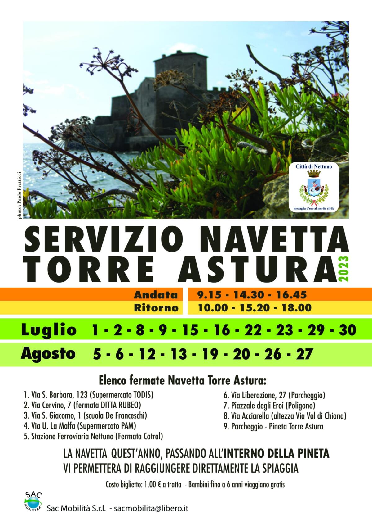 Torre Astura, servizio navetta anche da Valmontorio - 