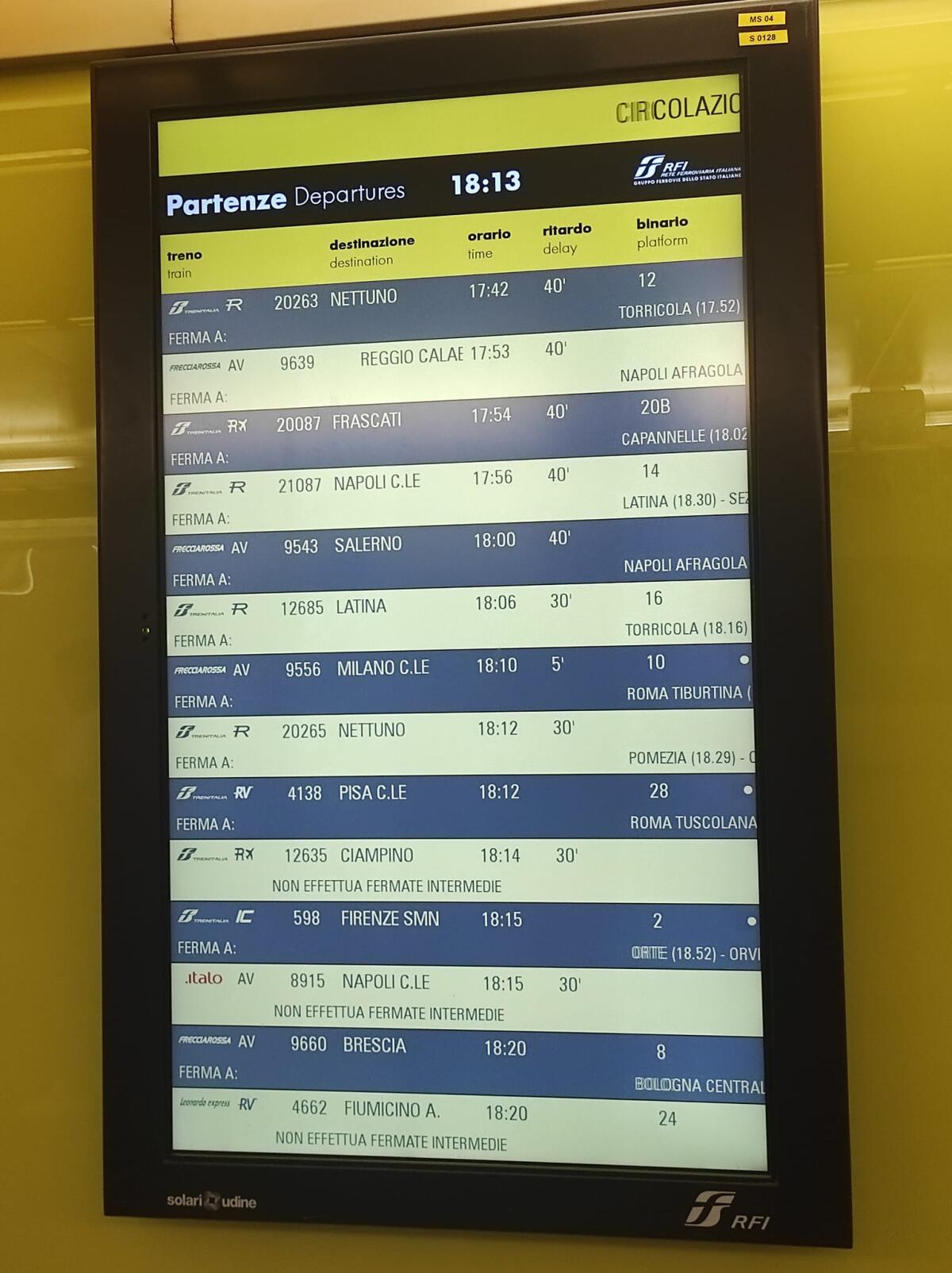 Persona investita dal treno, circolazione sospesa a Roma Termini: disagi sulla Roma-Nettuno e sulla Roma-Napoli via Formia - 