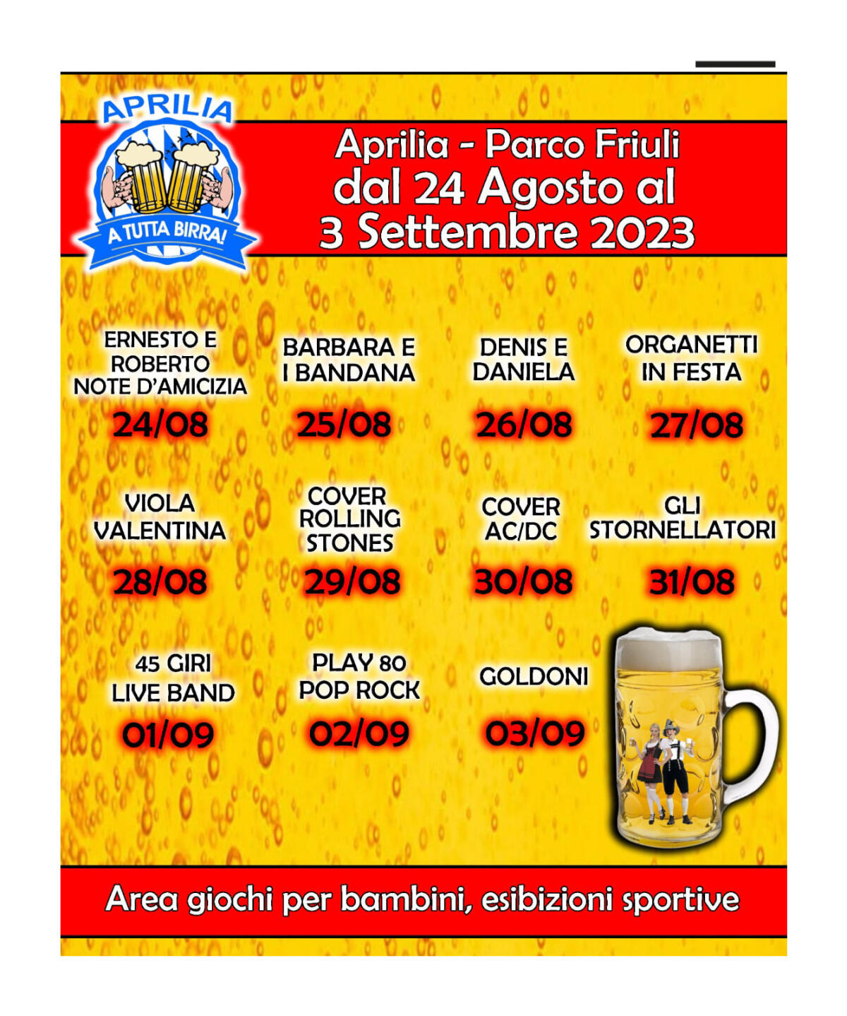 Aprilia "A Tutta Birra". Gastronomia, sport e musica dal vivo fino al 3 settembre al Parco Friuli - 