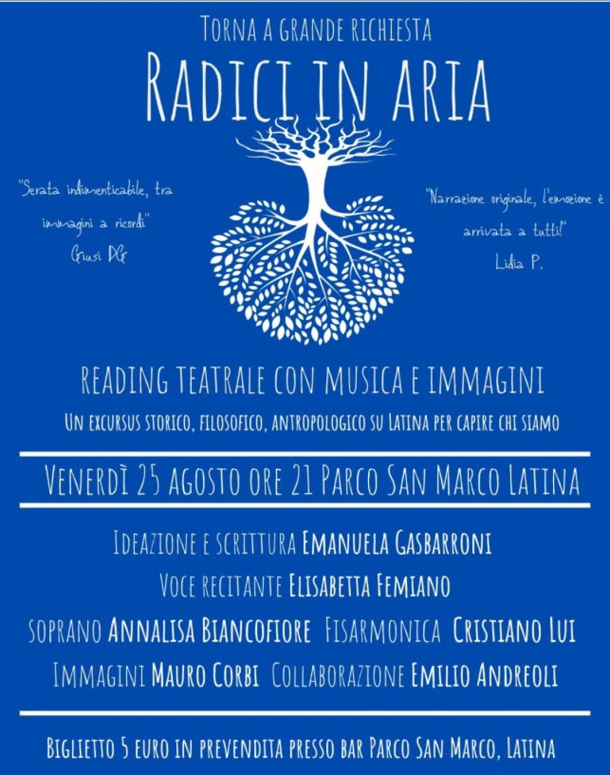 "Radici in aria", il reading di Emanuela Gasbarroni questa sera al Parco San Marco di Latina - 