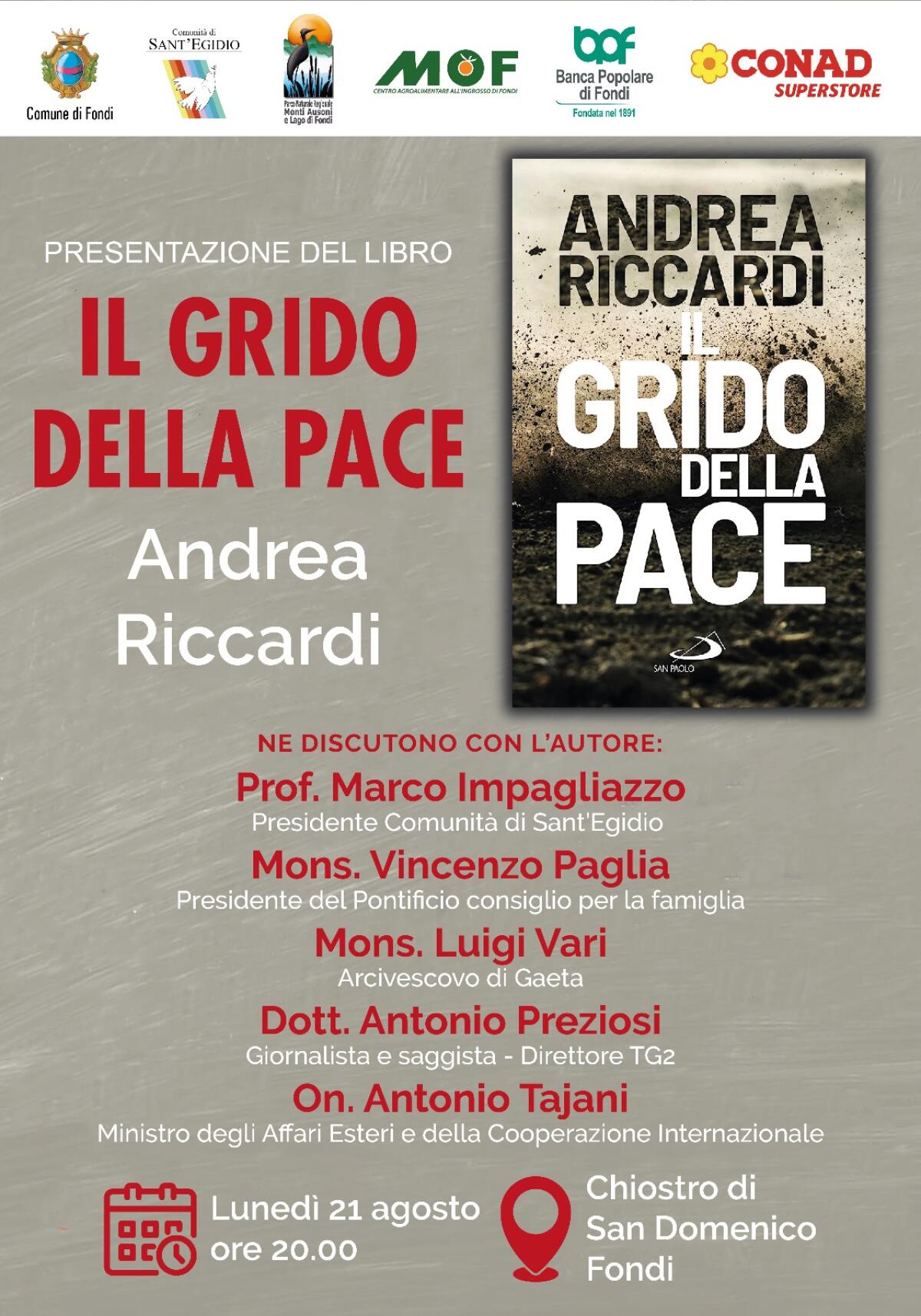 Il Ministro Tajani stasera a Fondi per la presentazione del libro "Il grido della pace" di Andrea Riccardi. - 