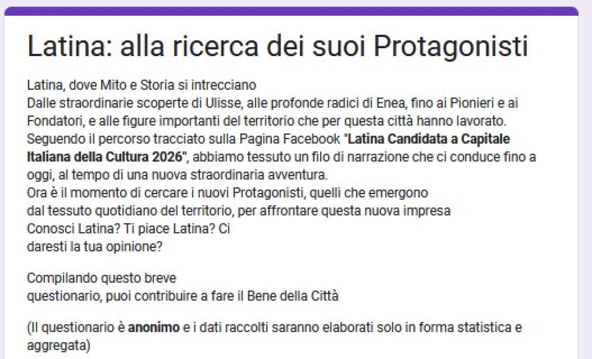 Da oggi si può partecipare al sondaggio online per Latina candidata a Capitale italiana della Cultura 2026. Possono compilare il modulo anche i non residenti - 