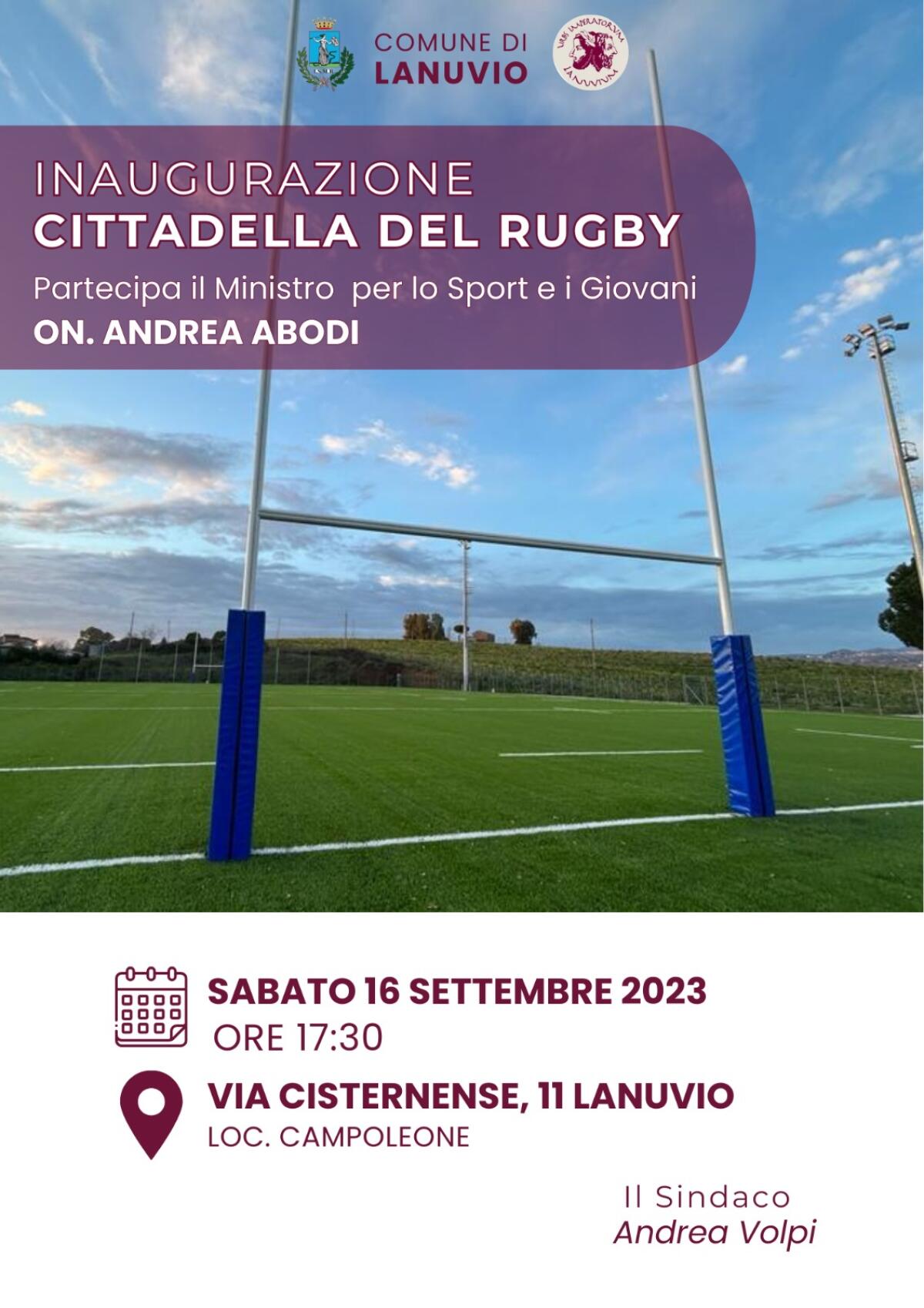 A Lanuvio si inaugura la Cittadella del Rugby, ci sarà il Ministro Abodi - 