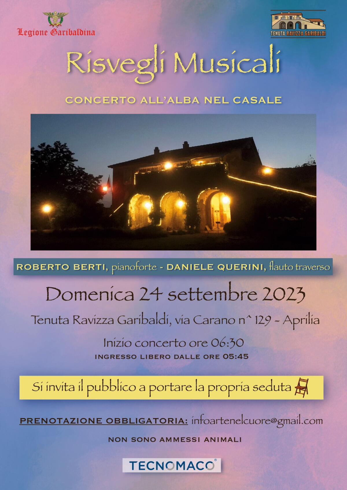 “Risvegli Musicali”: concerto all’alba domenica 24 settembre alla Tenuta Ravizza Garibaldi di Aprilia. - 