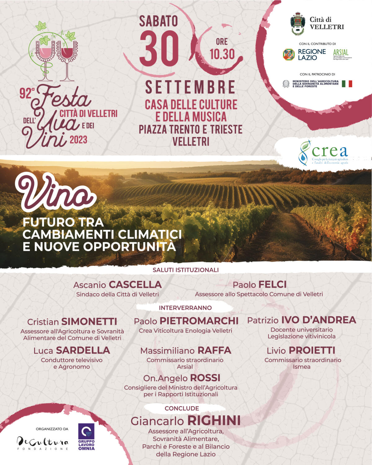 Questo sabato a Velletri, nell’ambito della festa dell’Uva, il  convegno “Vino. Futuro tra cambiamenti climatici e nuove opportunità”. - 