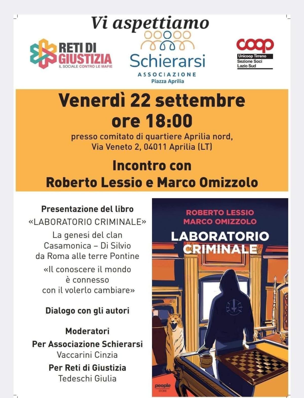Aprilia - Presentazione del libro “Laboratorio Criminale” insieme agli autori Marco Omizzolo e Roberto Lessio - 