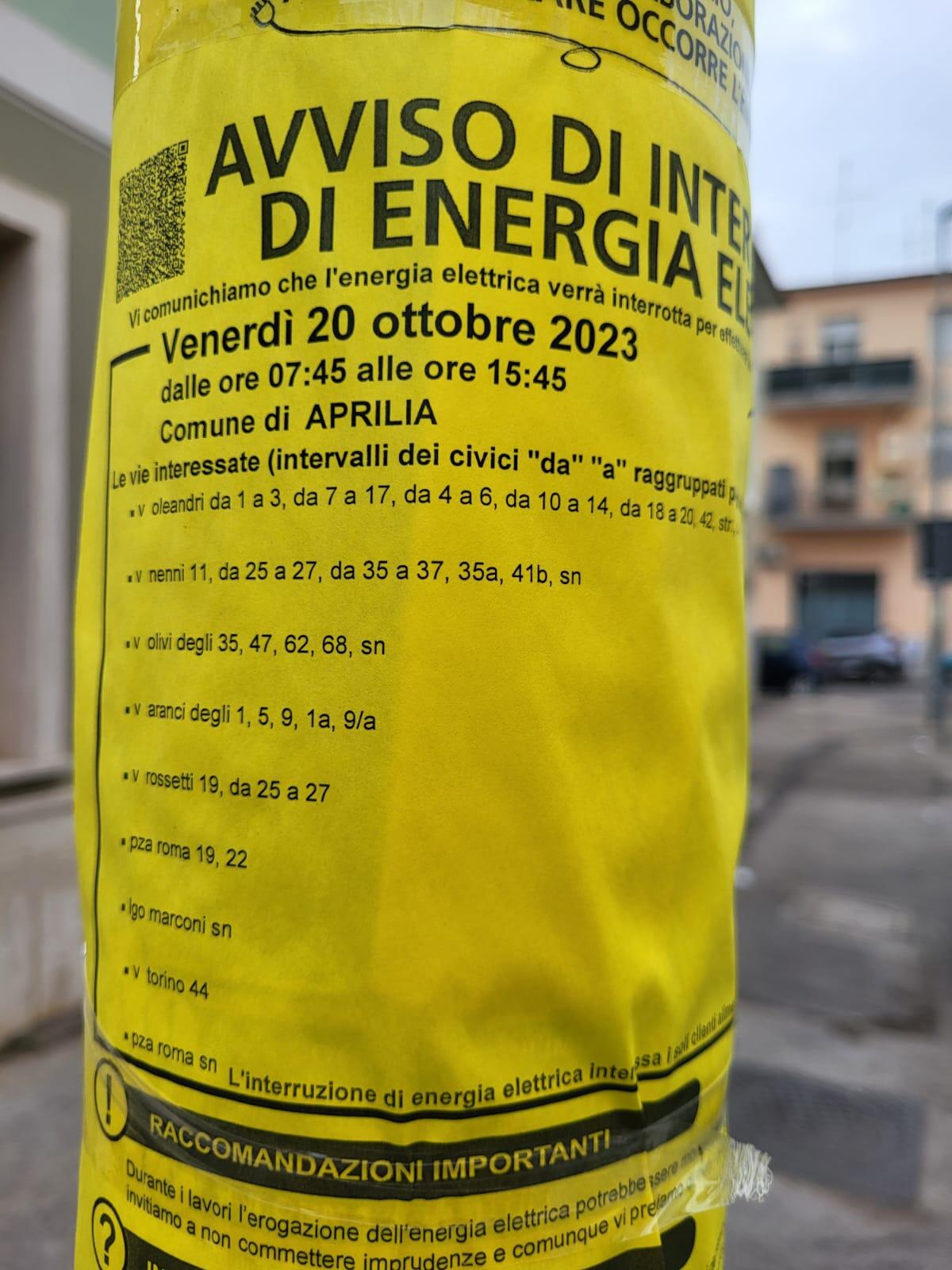 Interruzione dell’energia elettrica oggi per 9 ore in alcune zone del centro di Aprilia. - 