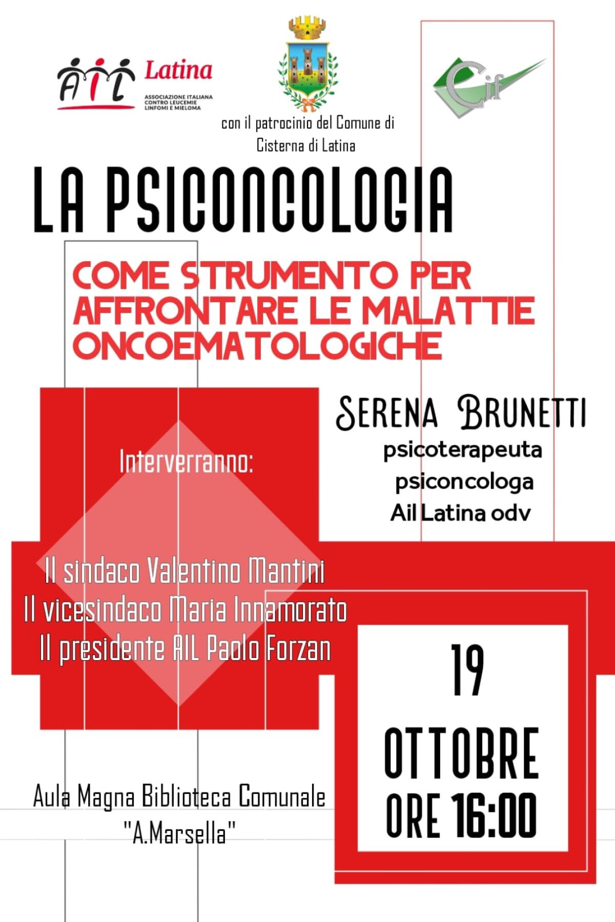 “La psiconcologia come strumento per affrontare le malattie oncoematologiche”: incontro oggi a Cisterna. - 