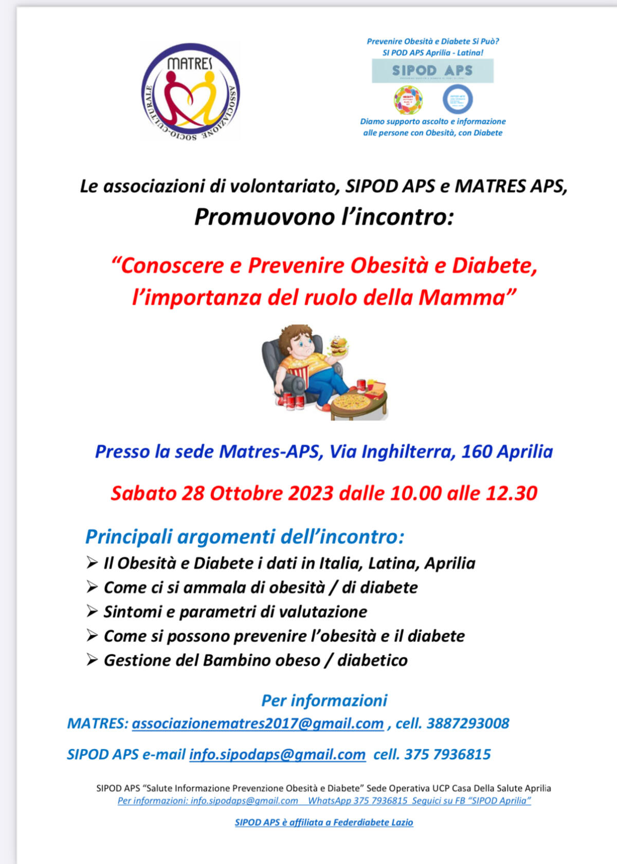 Importanza prevenzione obesità e diabete nel bambino.  Incontro informativo divulgativo ad Aprilia - 