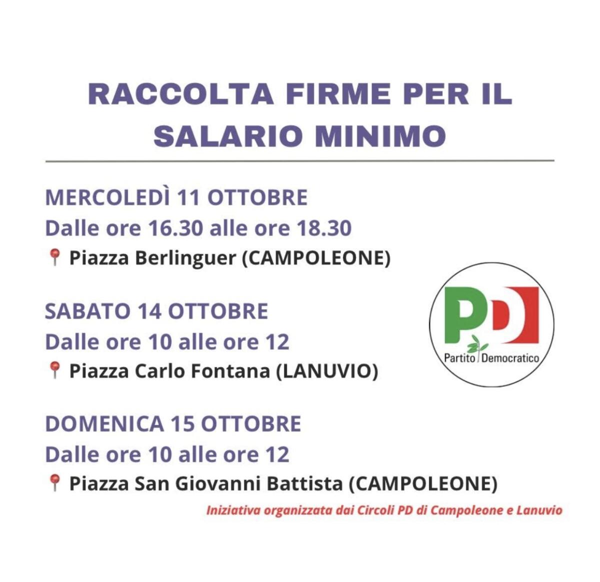 Campoleone e Lanuvio, raccolta firme per il salario minimo: 11, 14 e 15 Ottobre banchetti del PD - 