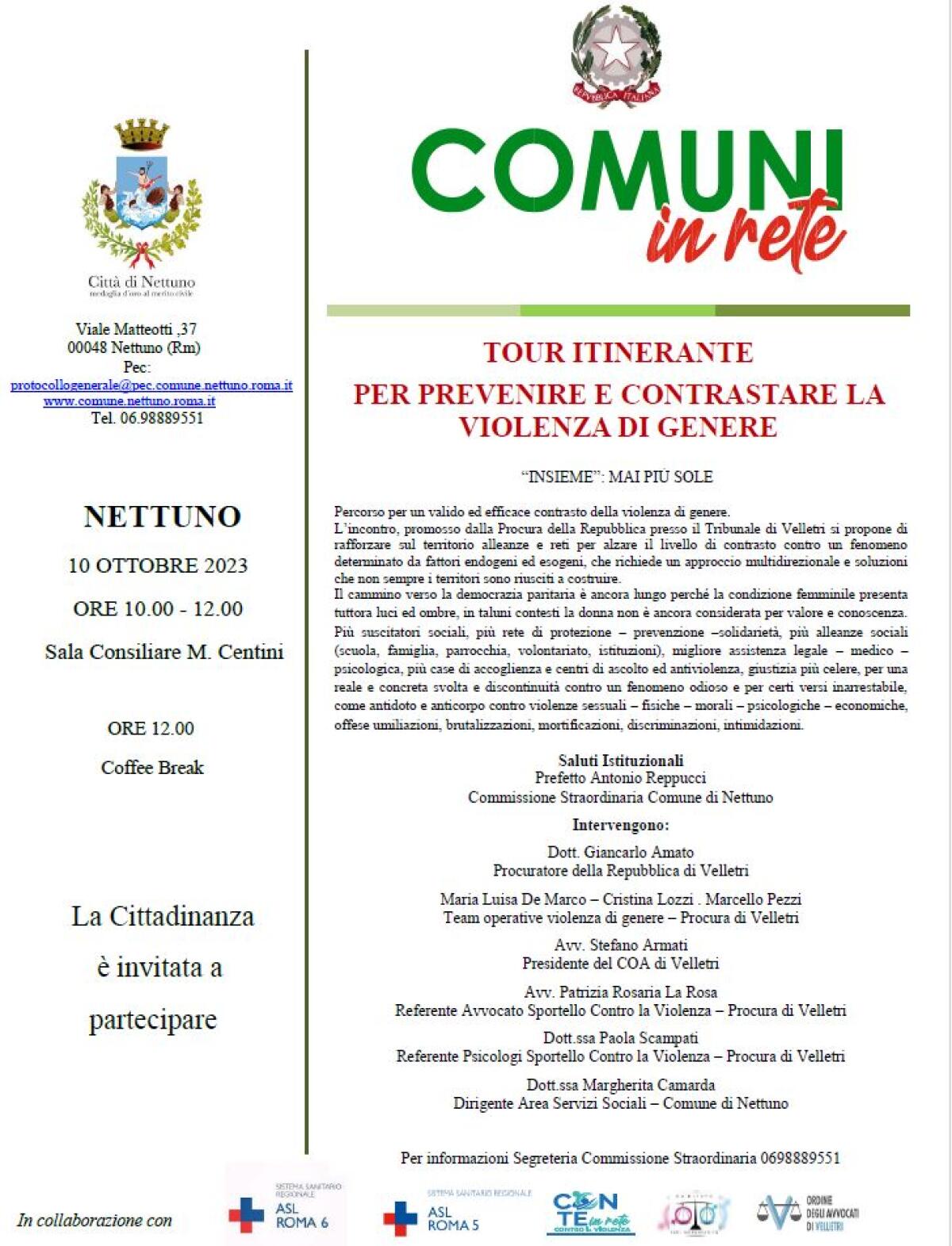 Contrasto alla violenza di genere, “Comuni in Rete”: il 10 Ottobre a Nettuno un incontro organizzato dalla Procura di Velletri. - 
