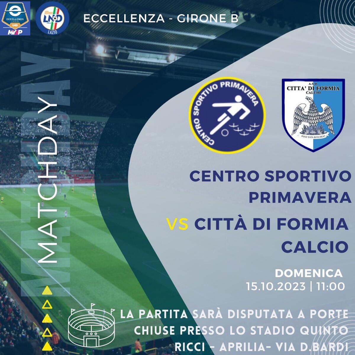 Calcio di Eccellenza: il Centro Sportivo Primavera Aprilia al “Quinto Ricci” affronta a porte chiuse il Città di Formia. - 