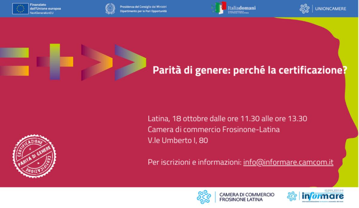 “Parità di genere: perché la certificazione?”: questo mercoledì a Latina l’incontro promosso dalla Camera di Commercio. - 