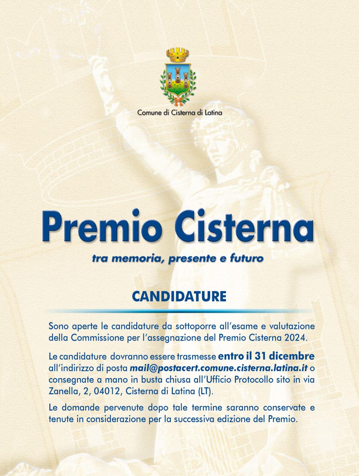 Premio Cisterna 2024, al via le candidature - 
