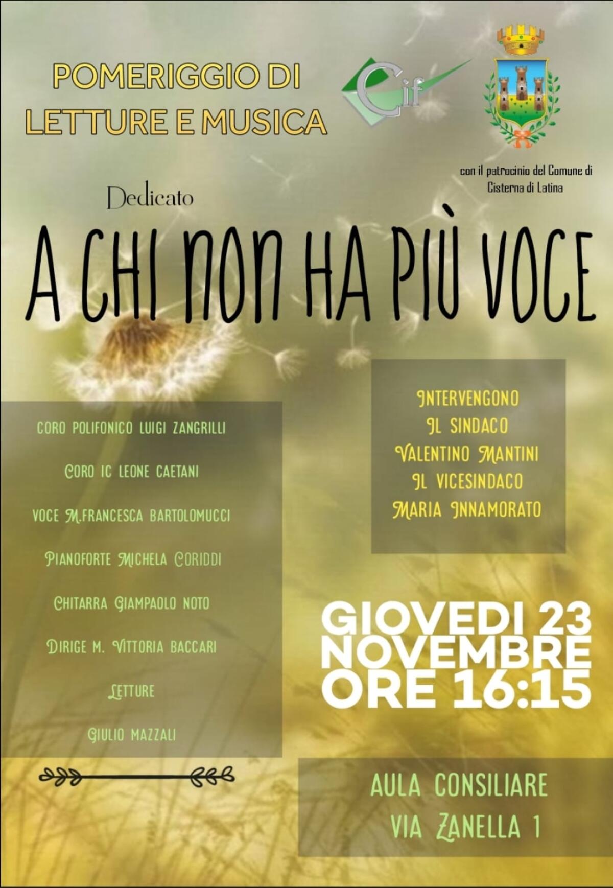 "Dedicato a chi non ha più voce": letture e musica nel pomeriggio di giovedì 23 novembre - 