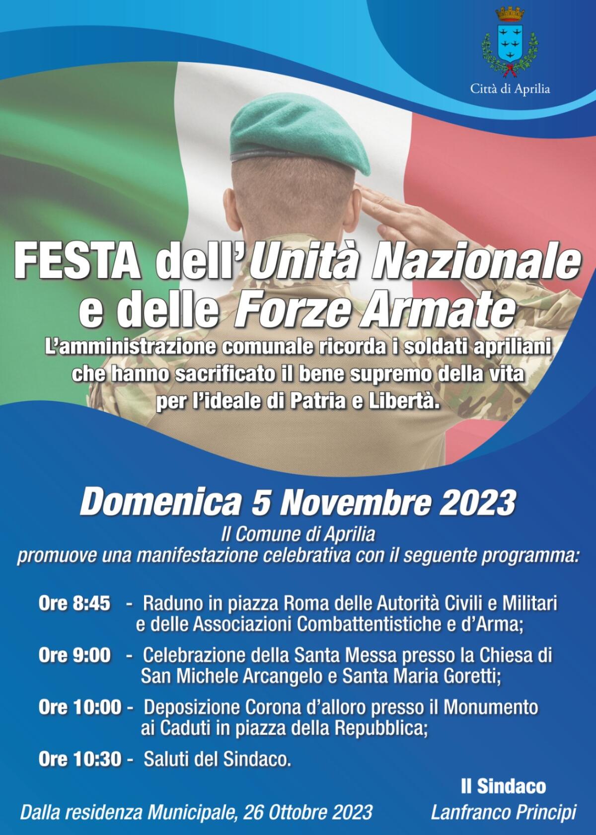 Domenica 5 Novembre ad Aprilia la cerimonia per celebrare la Giornata dell’Unità Nazionale e delle Forze Armate. - 