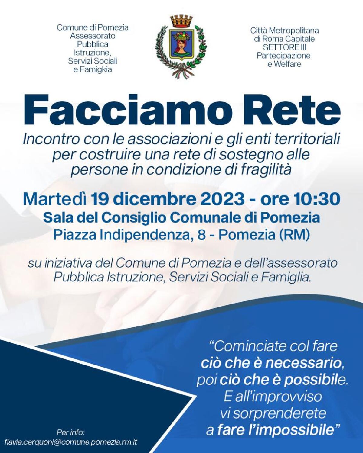 “Facciamo rete”: a Pomezia il 19 Dicembre un incontro con le associazioni e le reti territoriali. - 
