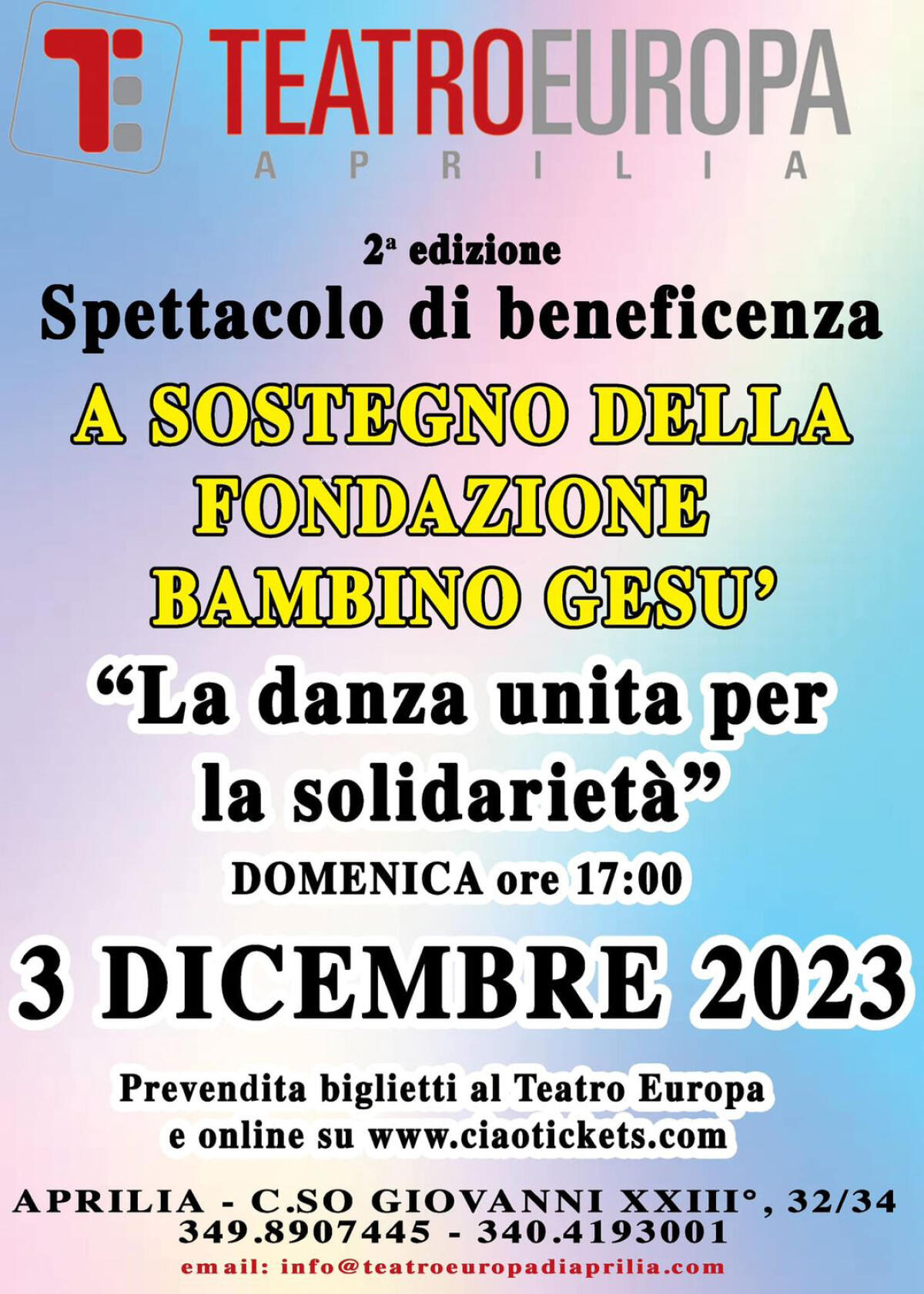 Al Teatro Europa di Aprilia questa domenica la danza unita per la solidarietà, a sostegno della fondazione Bambino Gesù. - 