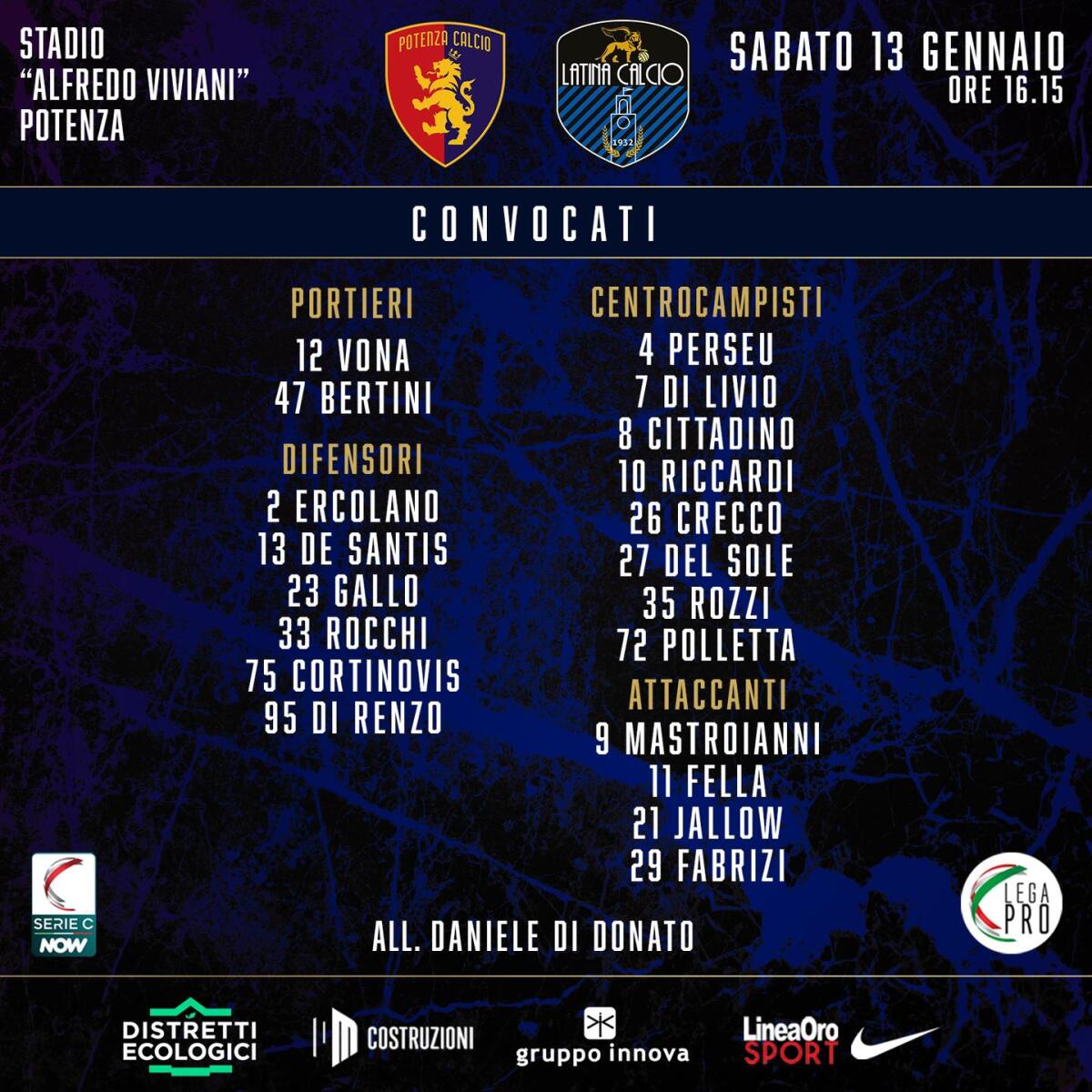 Calcio di Lega Pro: Latina  affronta al “Viviani” i locali del Potenza. - 