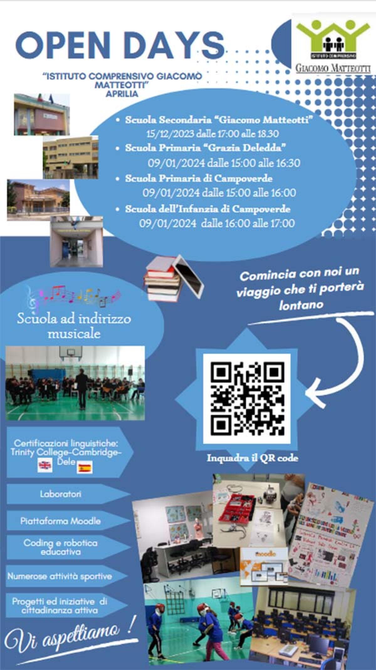 Martedì 9 Gennaio giornata di “Open Day”  nelle scuole dell’Istituto Comprensivo “Giacomo Matteotti” di Aprilia. - 