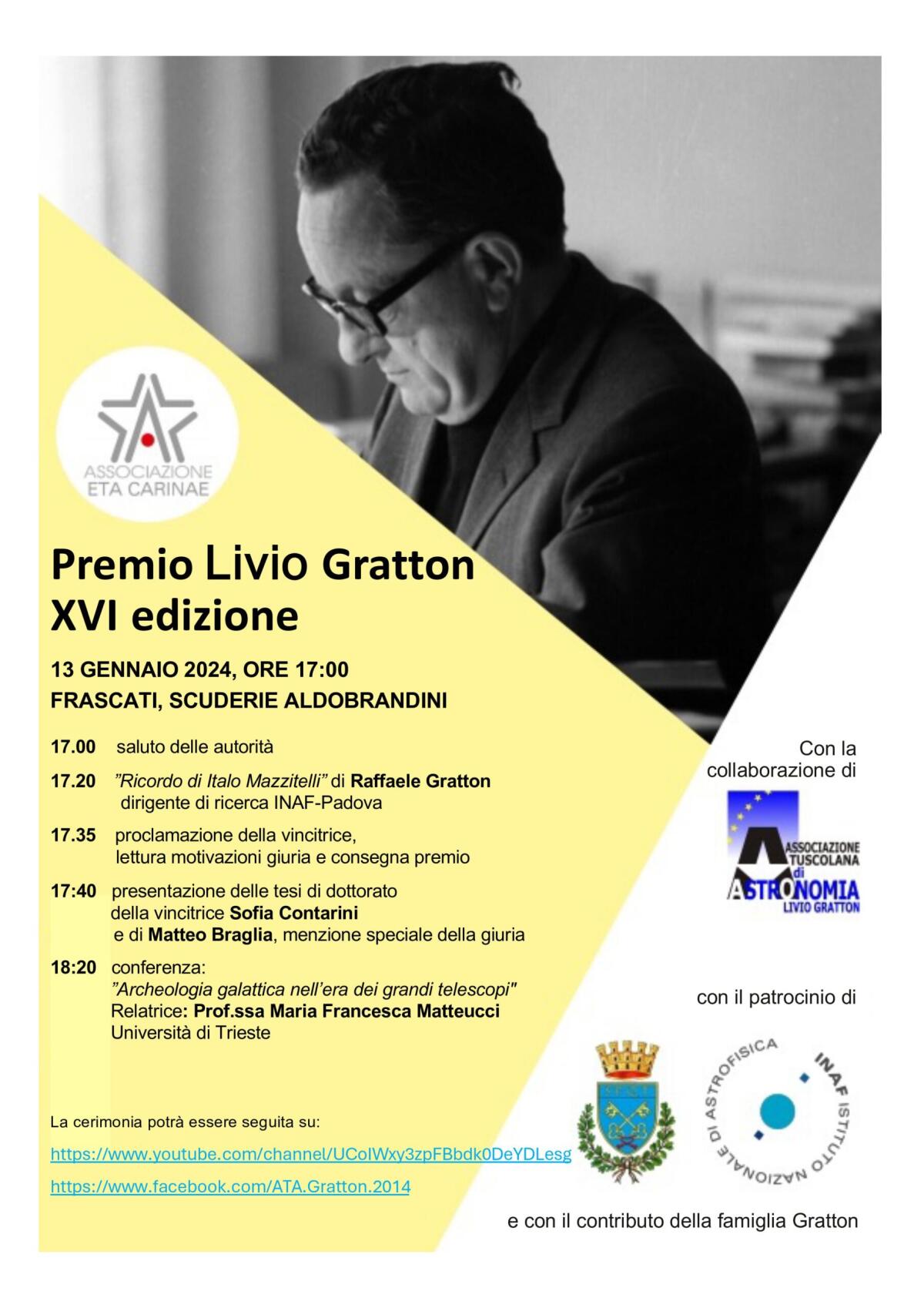 Astronomia, sabato 13 gennaio a Frascati la cerimonia di consegna del “Premio Livio Gratton”. - 