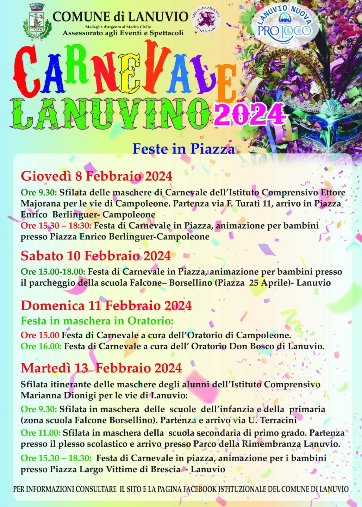 “Carnevale Lanuvino”: dall’8 al 13 febbraio sfilate in maschera, giochi, coriandoli ed allegria. - 