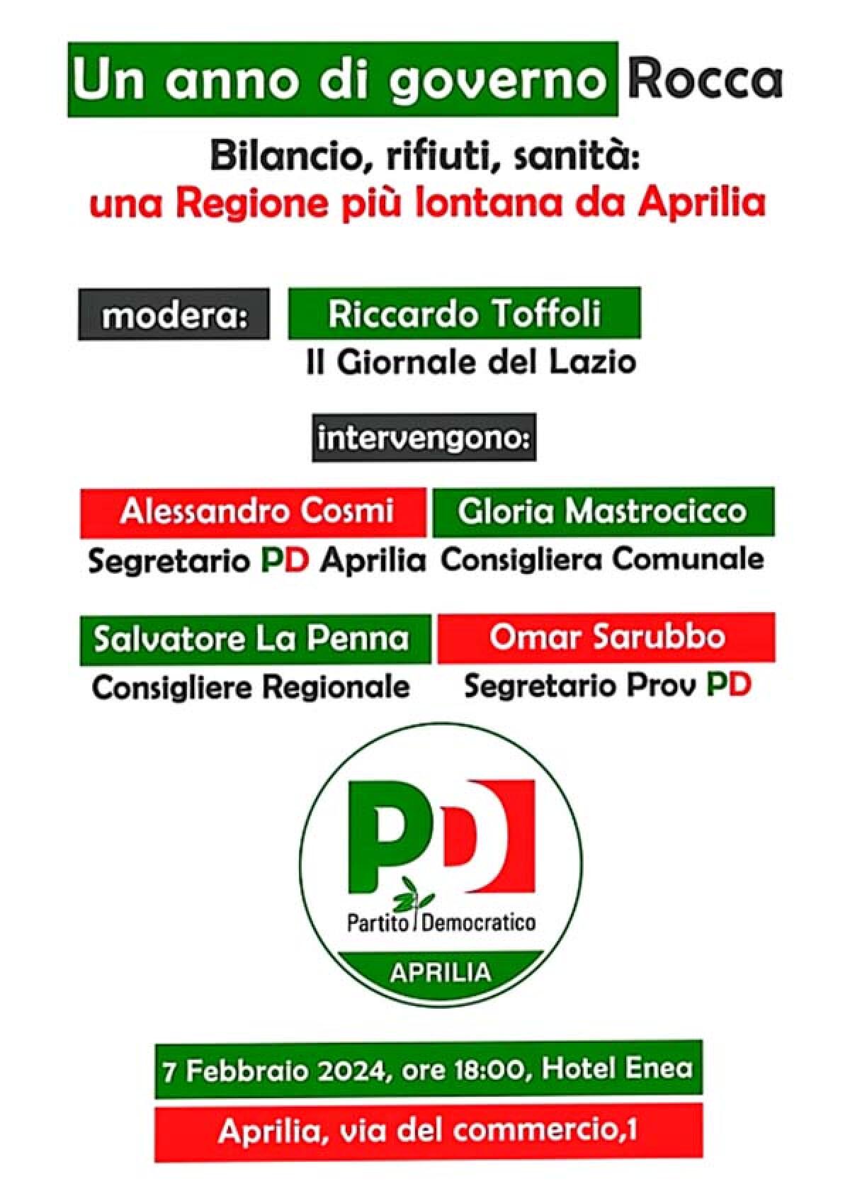 “La destra al governo della Regione Lazio da un anno”: ad Aprilia mercoledì 7 febbraio un incontro del Pd per fare un bilancio. - 