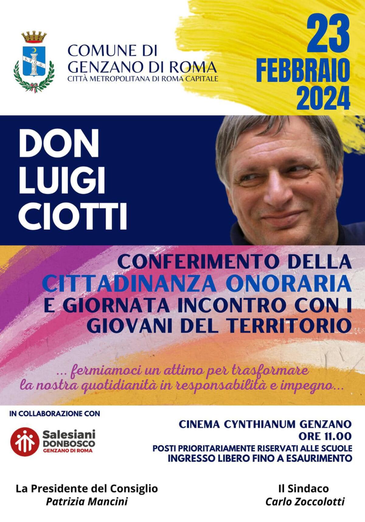 Don Luigi Ciotti cittadino onorario di Genzano.  Oggi l’incontro con i giovani del territorio al “Cynthyanum”. - 