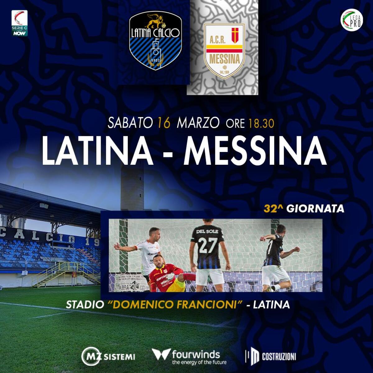 Calcio di Lega Pro: big match stasera per il Latina che affronta in casa Messina, diretta concorrente ai playoff. - 