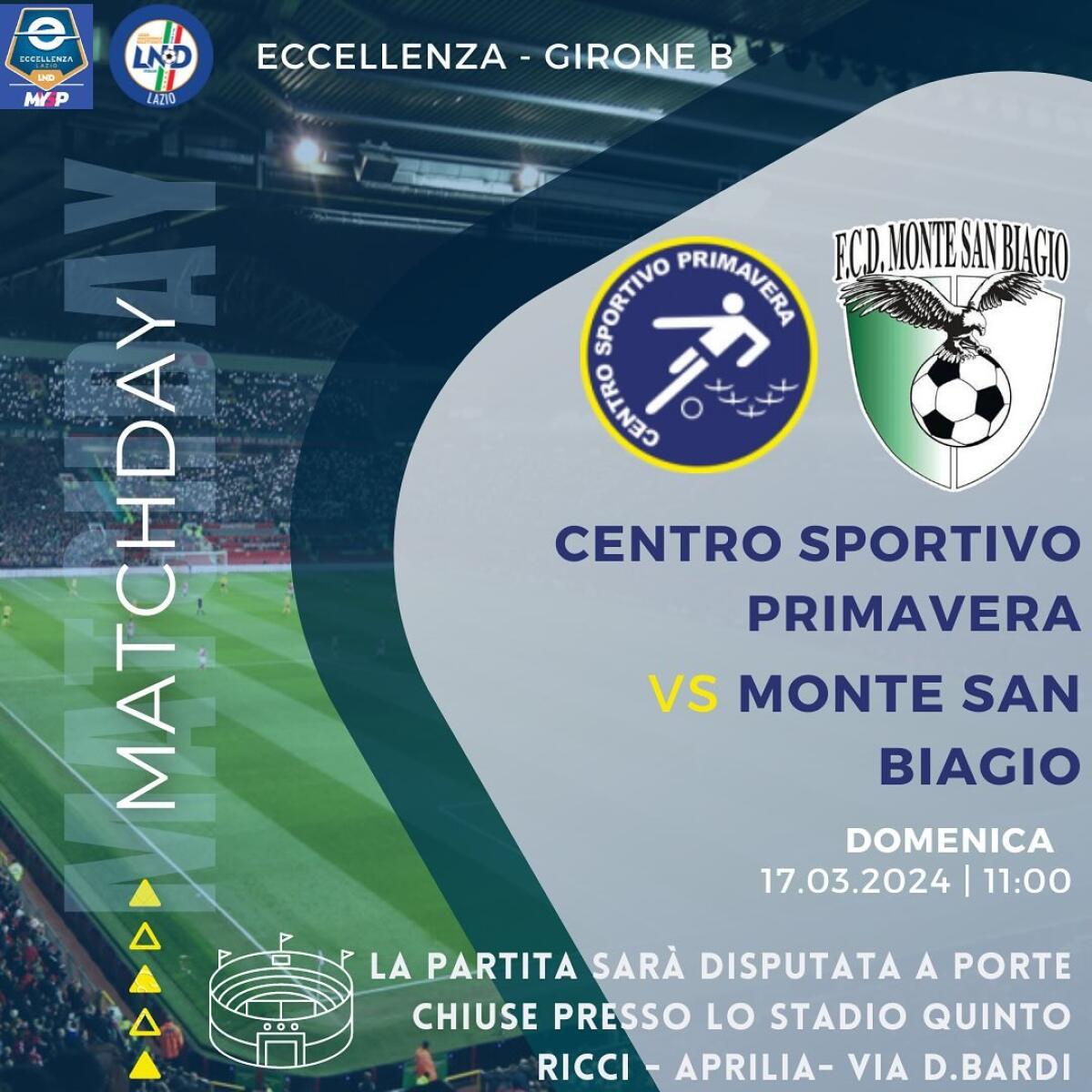 Calcio di Eccellenza: il Centro Sportivo Primavera di Aprilia ospita il Monte San Biagio. - 