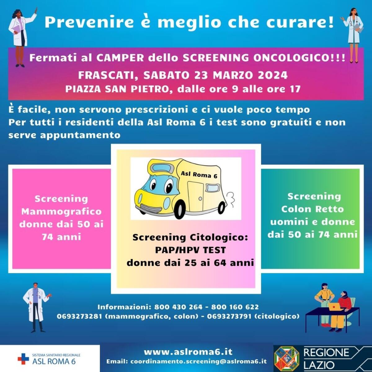 Screening oncologici. Open Day della Asl Roma6 sabato 23 marzo in Piazza San Pietro, a Frascati. - 